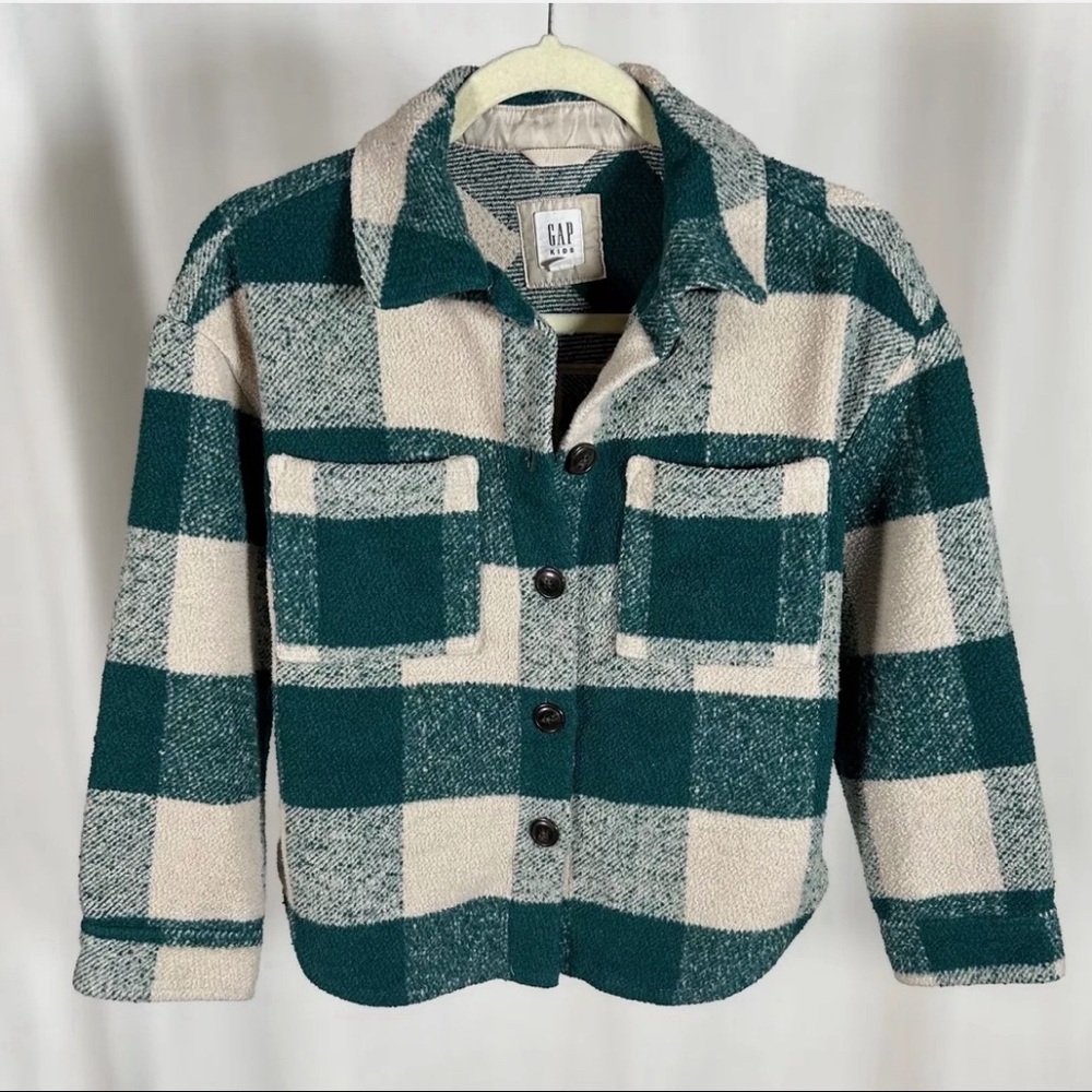 GAP Kids Green and Cream Checkered Button Down Shacket